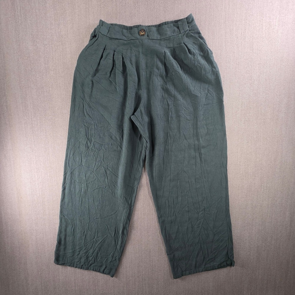 Sienna Sky Pleated Pants Womens Small Green Linen Blend Wide Leg Crop‎ 02CP1204